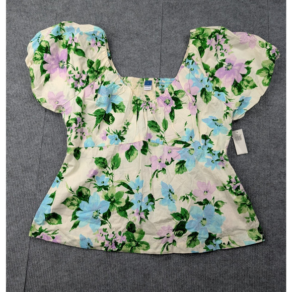 Old Navy Puff Sleeve Top Womens Large Cottage Peasant Floral Cotton Babydoll - Picture 1 of 8